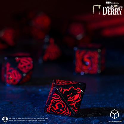 Q-Workshop It: Welcome to Derry Dice Set – black glitter with red RPG dice – Flip Tap Win TCG, Saline MI