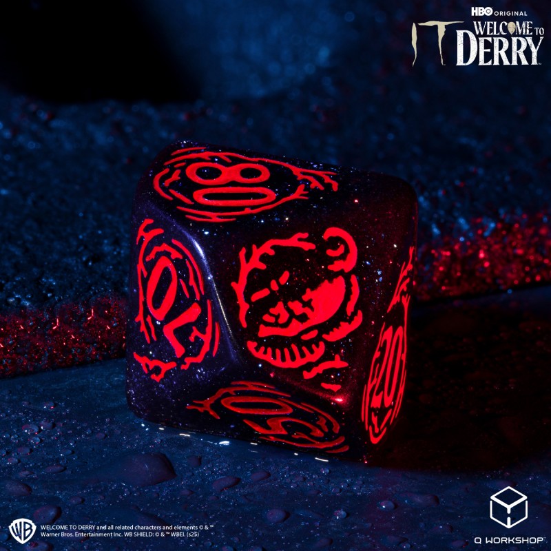Q-Workshop It: Welcome to Derry Dice Set – black glitter with red RPG dice – Flip Tap Win TCG, Saline MI