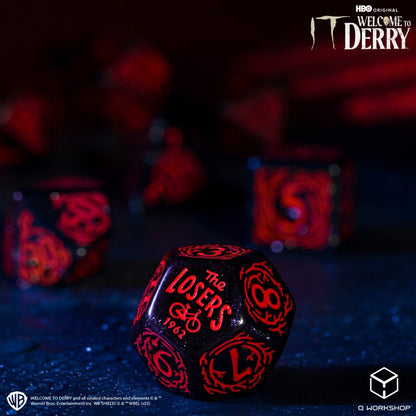 Q-Workshop It: Welcome to Derry Dice Set – black glitter with red RPG dice – Flip Tap Win TCG, Saline MI