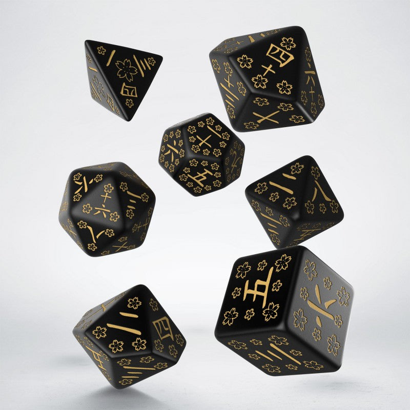 Q-Workshop Japanese Dice Set: Deep Night Firefly – black with gold RPG dice – Flip Tap Win TCG, Saline MI