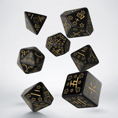 Q-Workshop Japanese Dice Set: Deep Night Firefly – black with gold RPG dice – Flip Tap Win TCG, Saline MI