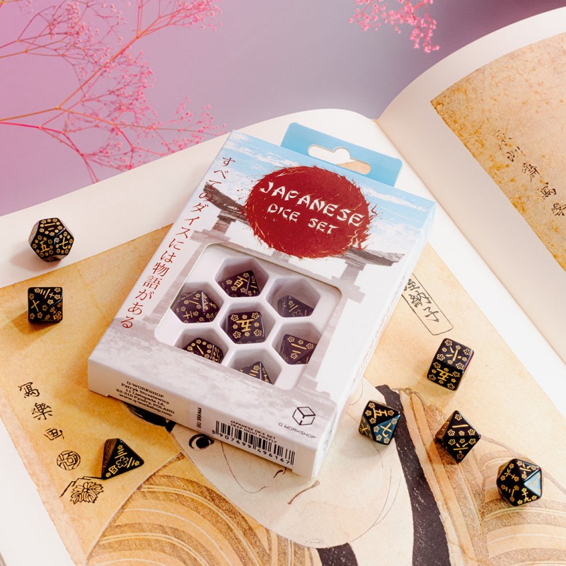 Q-Workshop Japanese Dice Set: Deep Night Firefly – black with gold RPG dice – Flip Tap Win TCG, Saline MI