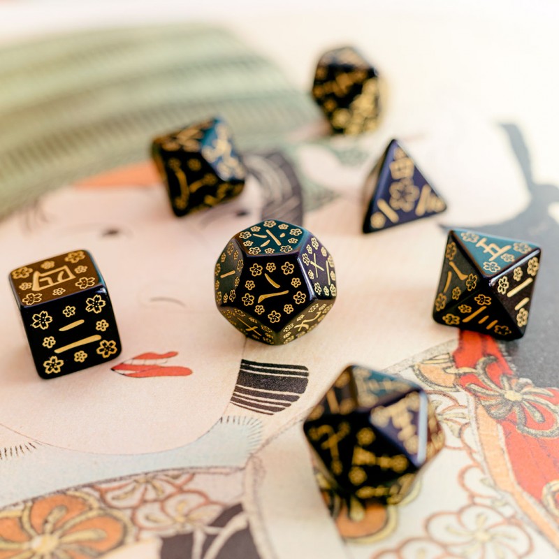 Q-Workshop Japanese Dice Set: Deep Night Firefly – black with gold RPG dice – Flip Tap Win TCG, Saline MI