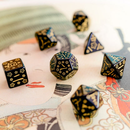 Q-Workshop Japanese Dice Set: Deep Night Firefly – black with gold RPG dice – Flip Tap Win TCG, Saline MI