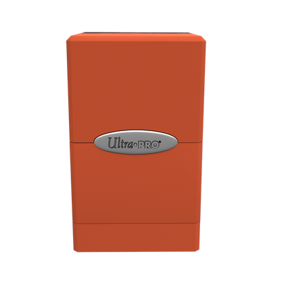 An orange Classic SATIN Tower DECK BOX. Brand: Ultra-Pro, Item: Classic SATIN Tower DECK BOX.