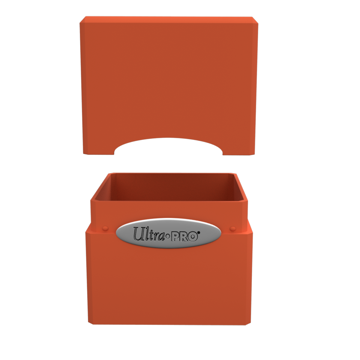 An orange Classic SATIN Cube deck box. Brand: Ultra PRO.