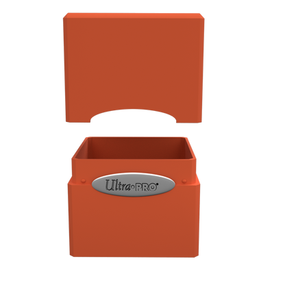 An orange Classic SATIN Cube deck box. Brand: Ultra PRO.
