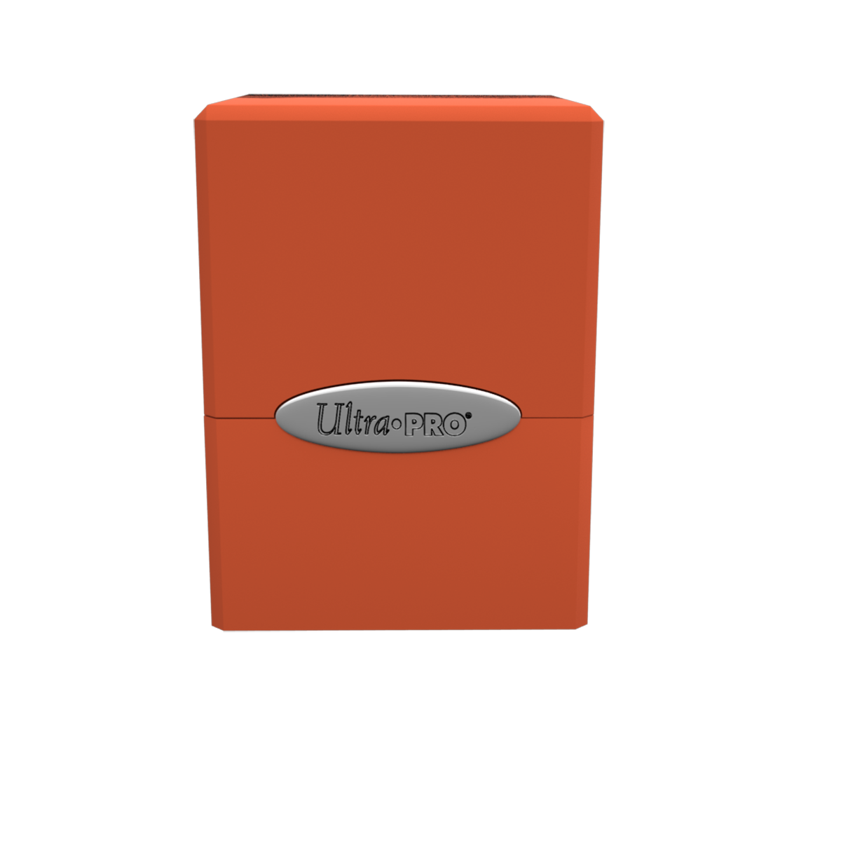An orange Classic SATIN Cube deck box. Brand: Ultra PRO.