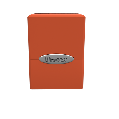 An orange Classic SATIN Cube deck box. Brand: Ultra PRO.