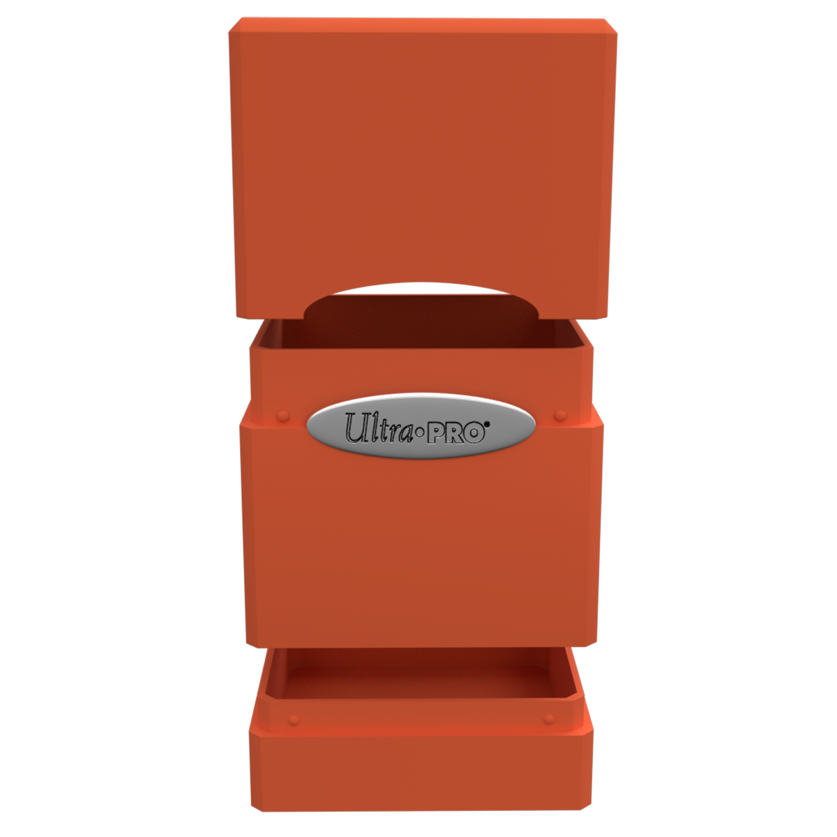 An orange Classic SATIN Tower DECK BOX. Brand: Ultra PRO, Item: Classic SATIN Tower DECK BOX.