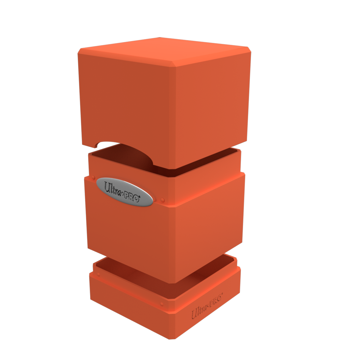 An orange Classic SATIN Tower DECK BOX. Brand: Ultra-Pro, Item: Classic SATIN Tower DECK BOX