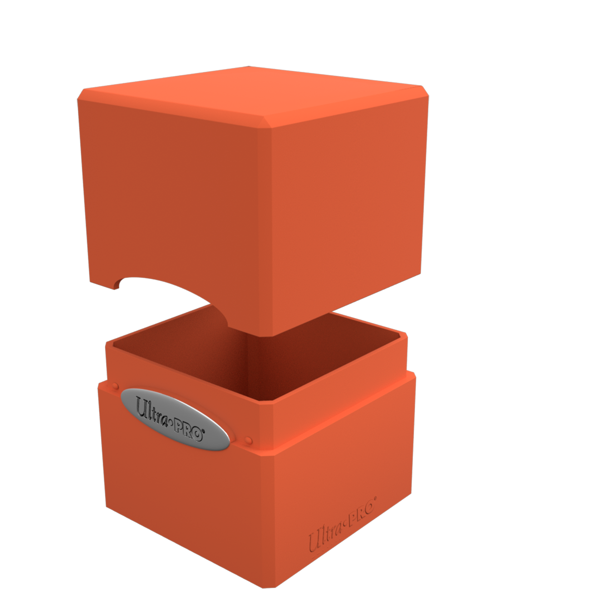 An orange Classic SATIN Cube deck box. Brand: Ultra PRO.