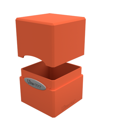 An orange Classic SATIN Cube deck box. Brand: Ultra PRO.