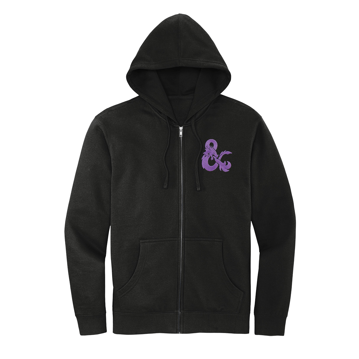 A Black Zip-Up Hoodie with a Purple Dungeons & Dragons Logo. Brand: MTG Pro Shop, Item: Dungeons & Dragons Zip-Up Hoodie - Black with Purple D&D Logo