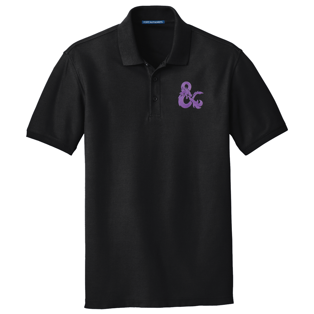 A Black Short-Sleeve Polo Shirt with a Purple Dungeons & Dragons Logo. Brand: MTG Pro Shop, Item: Dungeons & Dragons Embroidered Polo Shirt - Black with Purple D&D Logo