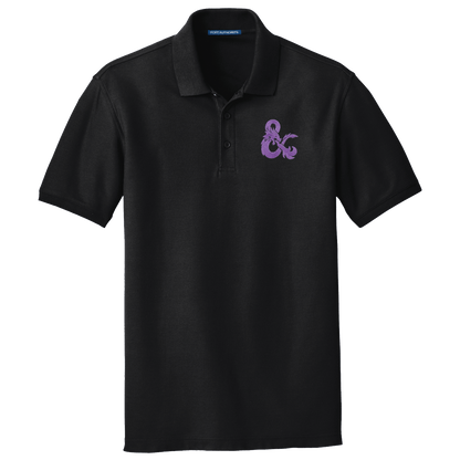 A Black Short-Sleeve Polo Shirt with a Purple Dungeons & Dragons Logo. Brand: MTG Pro Shop, Item: Dungeons & Dragons Embroidered Polo Shirt - Black with Purple D&D Logo