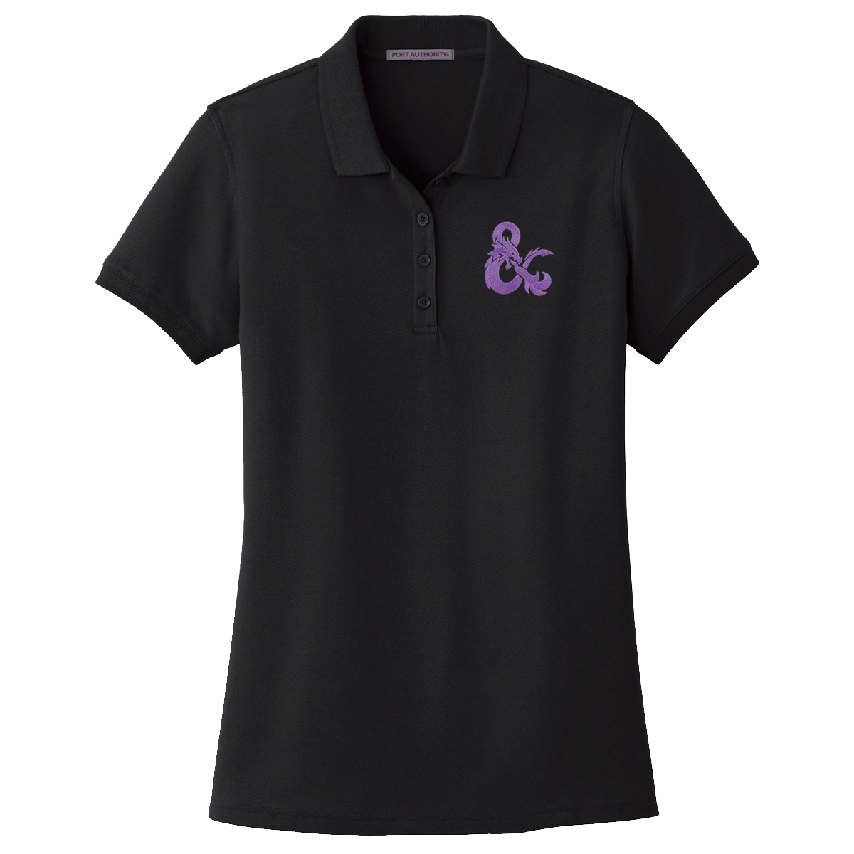 A Black Short-Sleeve Polo Shirt with a Purple Dungeons & Dragons Logo on the chest. Brand: MTG Pro Shop, Item: Dungeons & Dragons Embroidered Polo Shirt - Black with Purple D&D Logo.