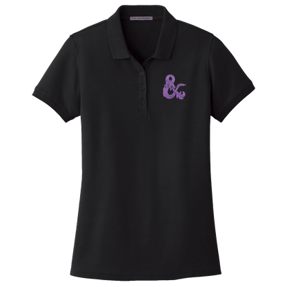 A Black Short-Sleeve Polo Shirt with a Purple Dungeons & Dragons Logo on the chest. Brand: MTG Pro Shop, Item: Dungeons & Dragons Embroidered Polo Shirt - Black with Purple D&D Logo.