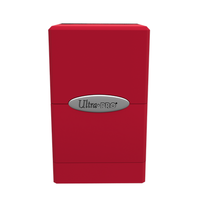 A red Classic SATIN Tower DECK BOX. Brand: Ultra PRO, Item: Classic SATIN® Tower DECK BOX®