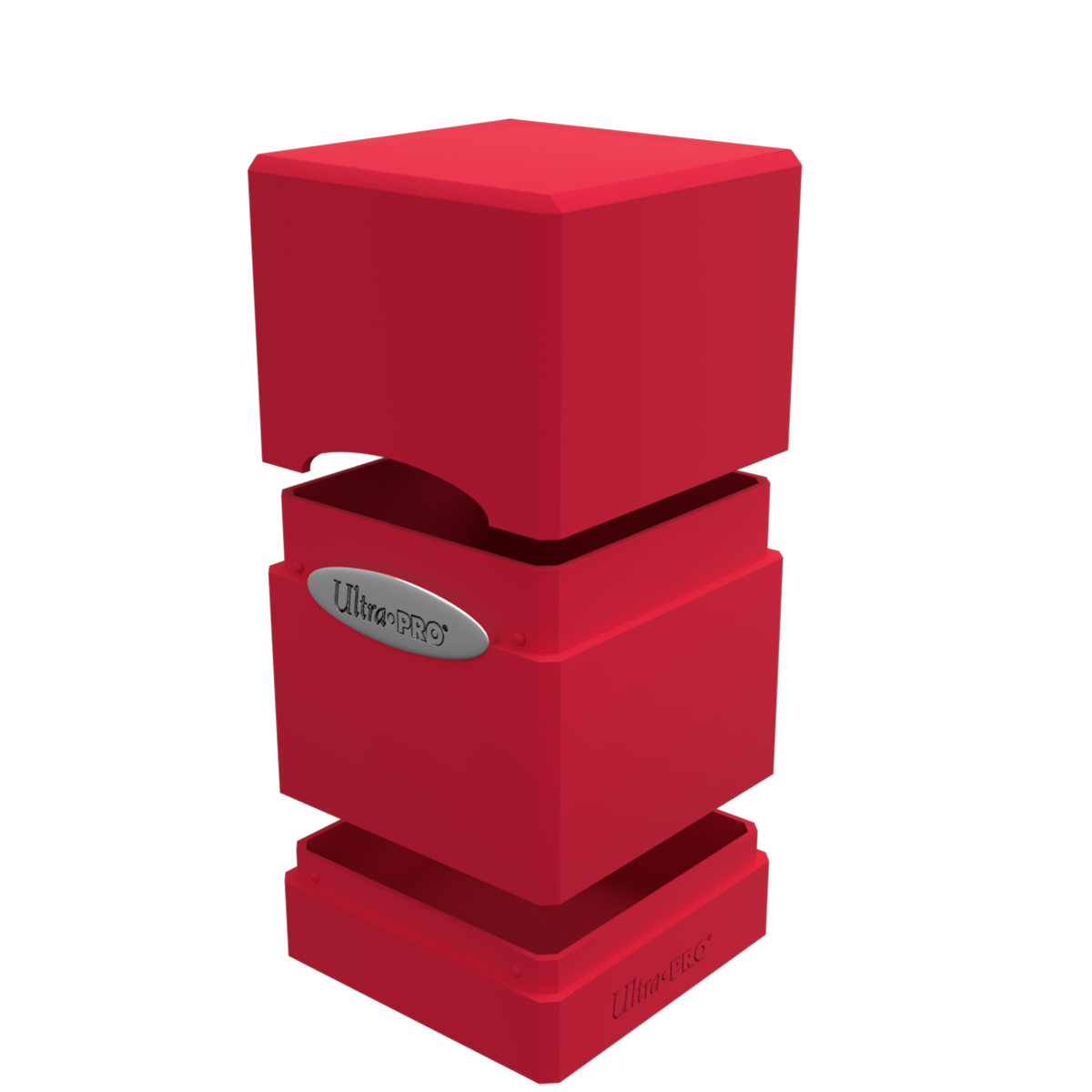 A red Classic SATIN Tower DECK BOX. Brand: Ultra PRO, Item: Classic SATIN® Tower DECK BOX®
