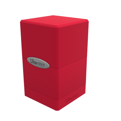 A red Classic SATIN Tower DECK BOX. Brand: Ultra PRO, Item: Classic SATIN Tower DECK BOX.