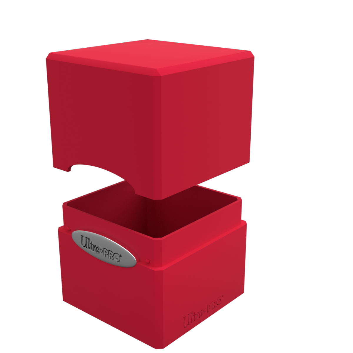 A red Classic SATIN Cube deck box. Brand: Ultra PRO, Item: Classic SATIN Cube