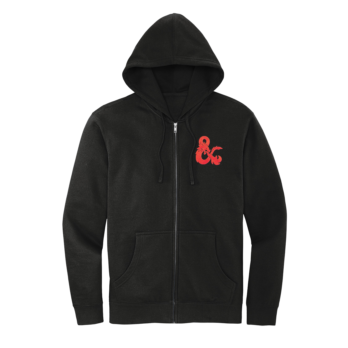 A Black Zip-Up Hoodie with a Red Dungeons & Dragons Logo. Brand: Legion Supplies, Item: Dungeons & Dragons Zip-Up Hoodie - Black with Red D&D Logo