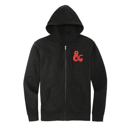 A Black Zip-Up Hoodie with a Red Dungeons & Dragons Logo. Brand: Legion Supplies, Item: Dungeons & Dragons Zip-Up Hoodie - Black with Red D&D Logo