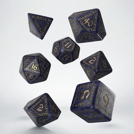 Q-Workshop Runic Mixed-Blue & Gold Dice Set – mixed blue with gold RPG dice – Flip Tap Win TCG, Saline MI