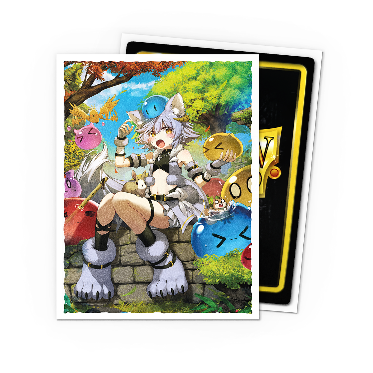 A white border matte art card sleeve featuring Silvie, Slime Sovereign surrounded by slimes. Brand: Unknown, Item: Silvie, Slime Sovereign - Matte Art Sleeves.