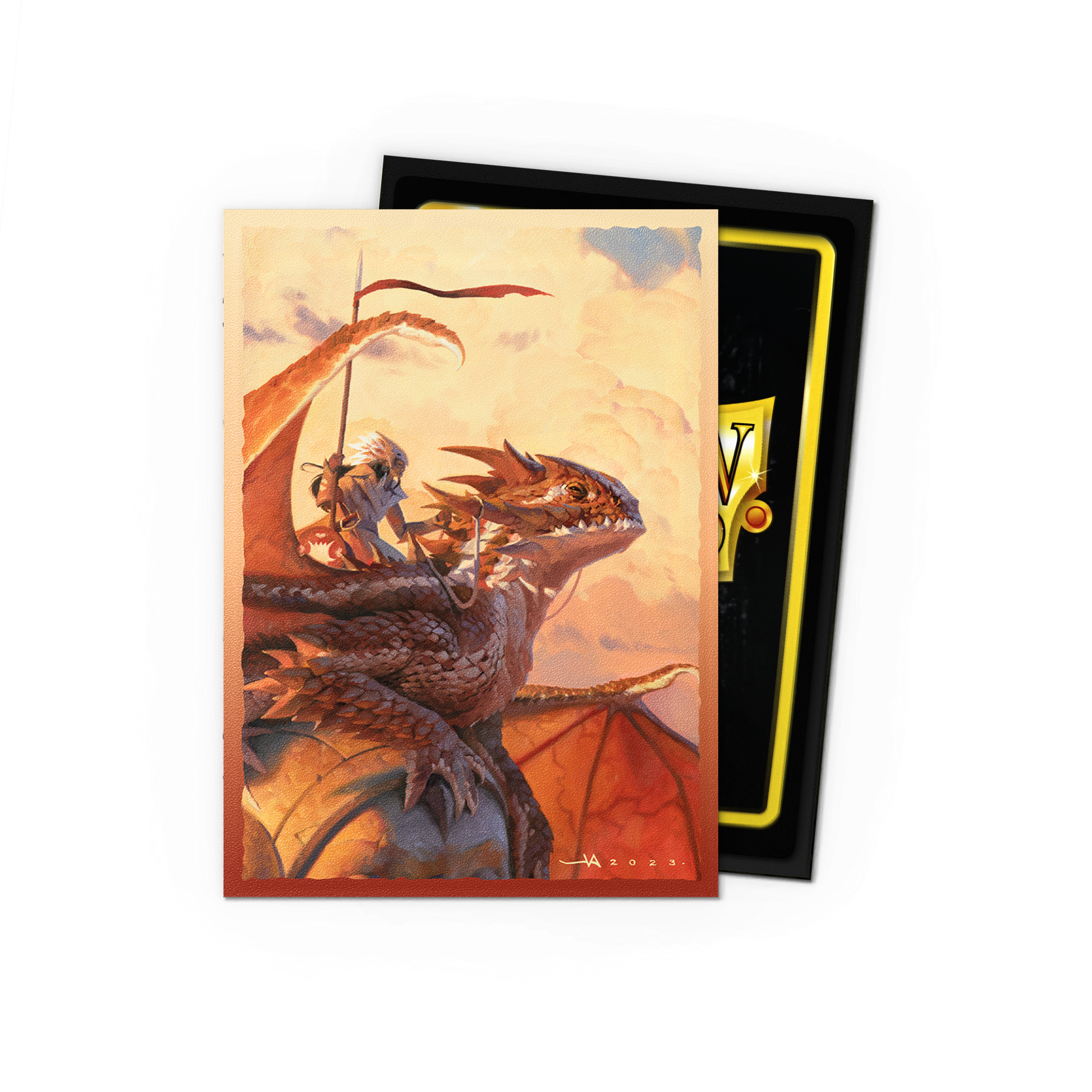 A matte dual art card sleeve featuring a dragon and rider, with a signature and year "JA 2023".