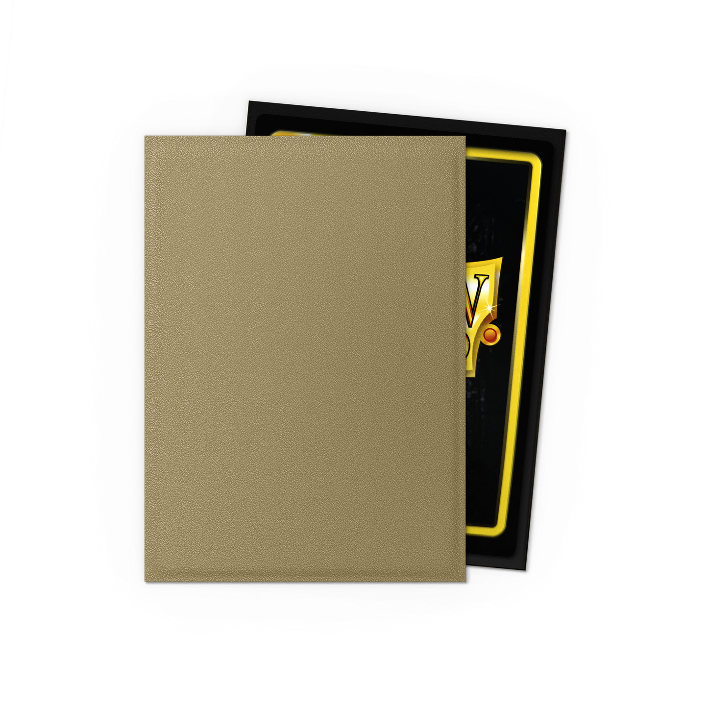 A tan matte Japanese size Dragon Shield card sleeve with a black and gold card partially visible. Brand: Dragon Shield (Dev), Item: Truth - Matte Dual Sleeves