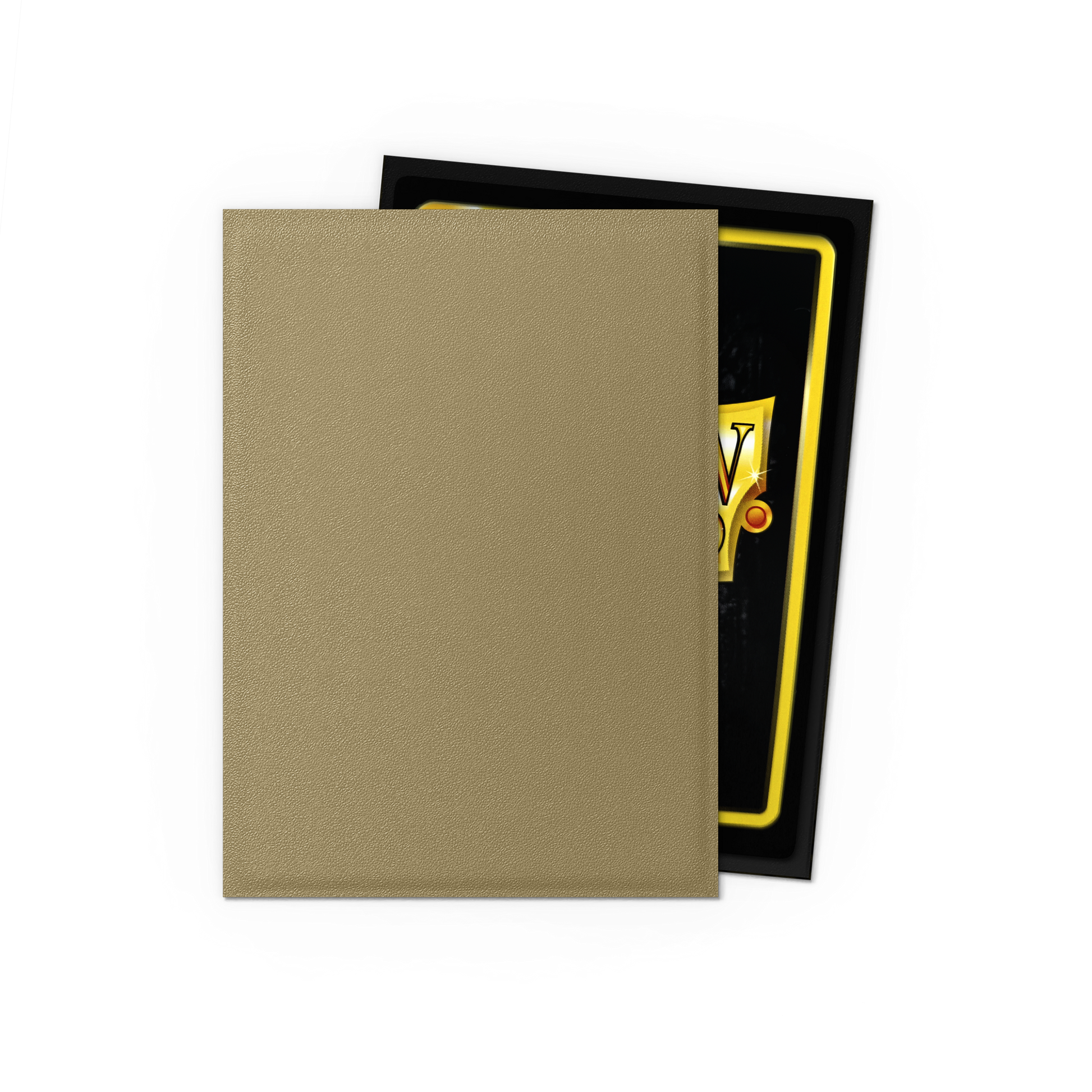 A tan matte Japanese size Dragon Shield card sleeve with a black and gold card partially visible. Brand: Dragon Shield (Dev), Item: Truth - Matte Dual Sleeves