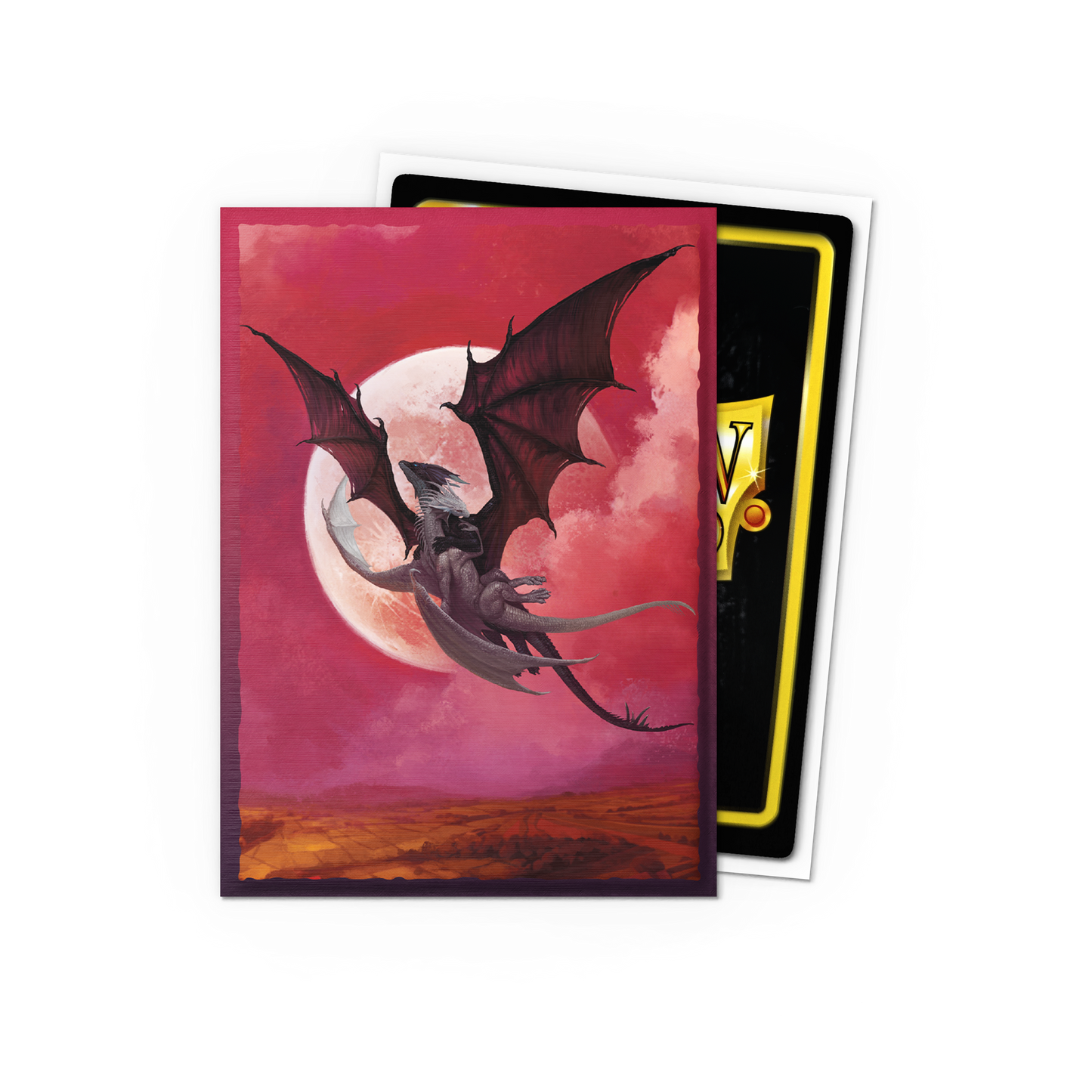 A red brushed art Dragon Shield Japanese Valentine 2024 card sleeve featuring a dragon flying in front of a large moon.
