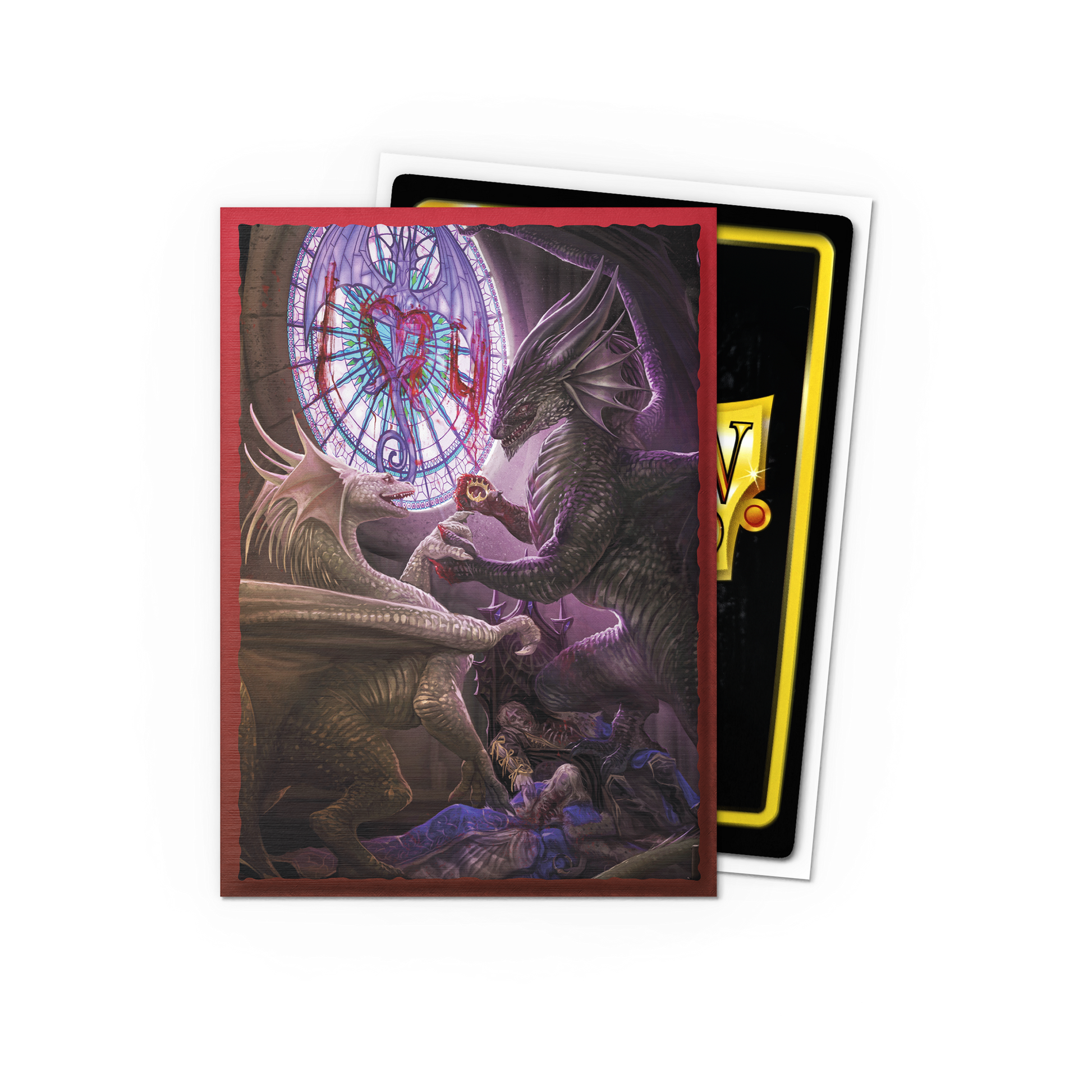 A brushed art Dragon Shield Japanese card sleeve featuring two dragons and a stained glass window. Brand: Dragon Shield (Dev), Item: Valentine Dragons 2022 - Brushed Art Sleeves