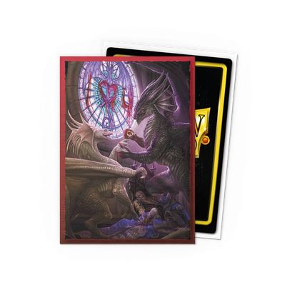A brushed art Dragon Shield Japanese card sleeve featuring two dragons and a stained glass window. Brand: Dragon Shield (Dev), Item: Valentine Dragons 2022 - Brushed Art Sleeves