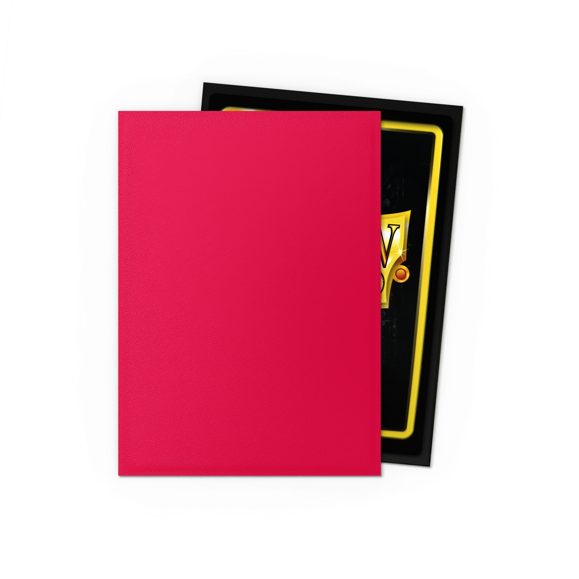 A red Dragon Shield Matte Dual Japanese card sleeve with a black and gold card visible underneath. Brand: Dragon Shield (Dev), Item: Fury - Matte Dual Sleeves