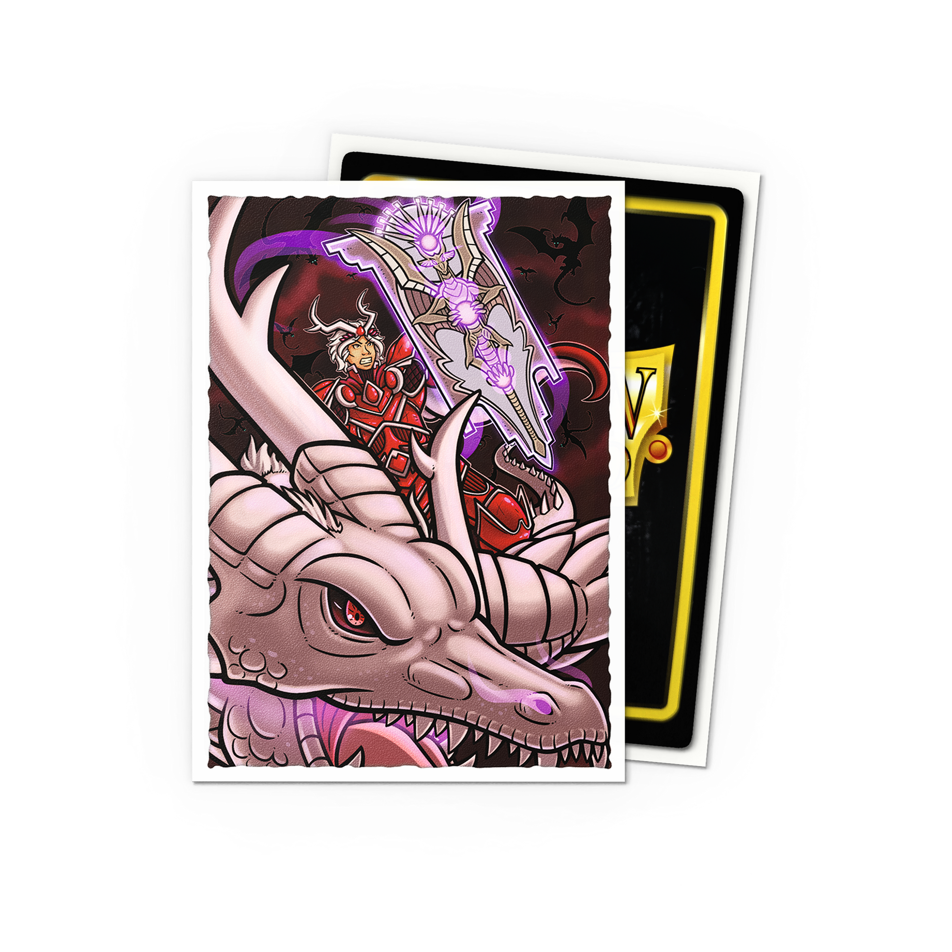 A white-bordered card sleeve featuring the Lane Thunderhoof portrait art, showing a warrior and a dragon. Brand: Unknown, Item: Lane Thunderhoof Portrait - Matte Art Sleeves.