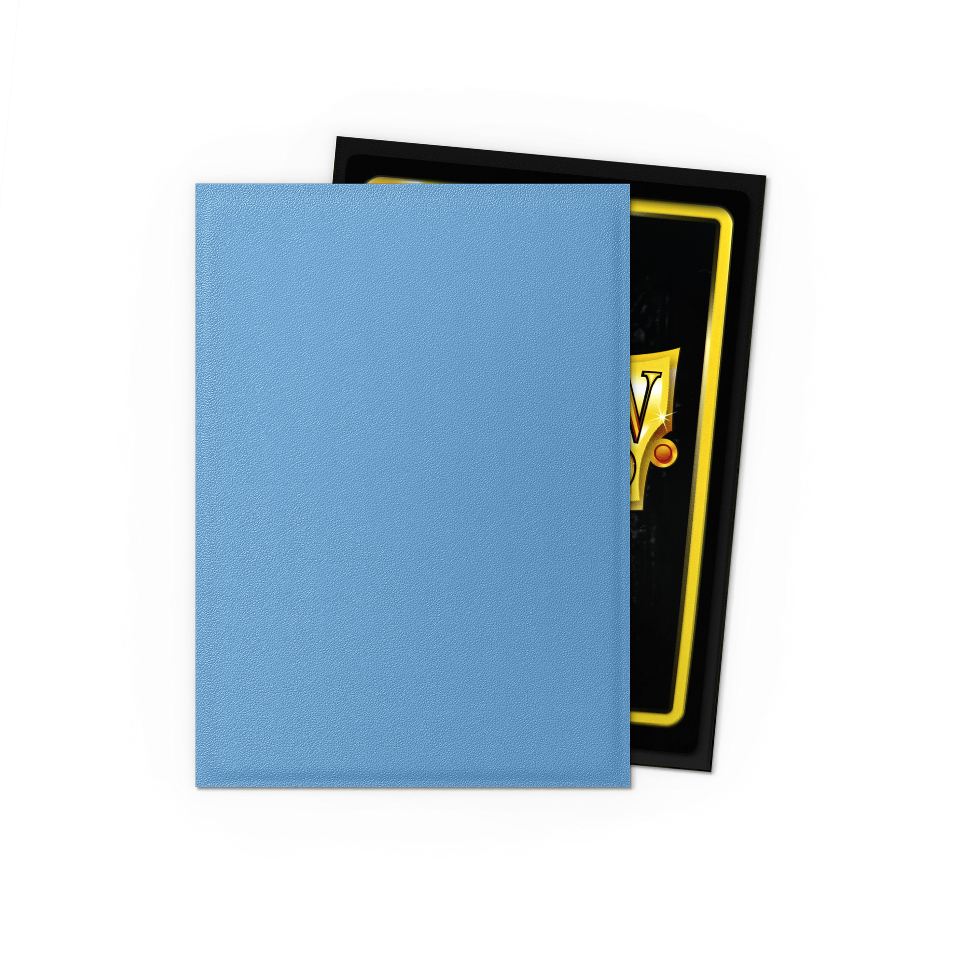 A light blue matte Japanese Dragon Shield card sleeve with a black border and yellow accents visible on a card inside. Brand: Dragon Shield (Dev), Item: Lagoon - Matte Dual Sleeves