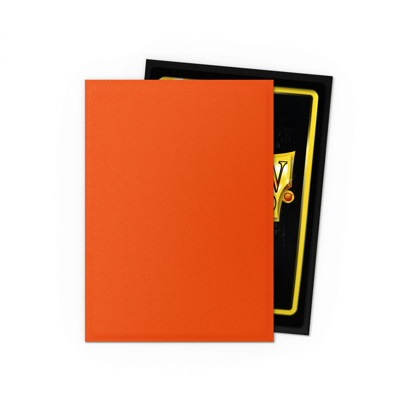 An orange matte Dragon Shield Japanese dual sleeve with a black border and yellow trim partially covering a card.