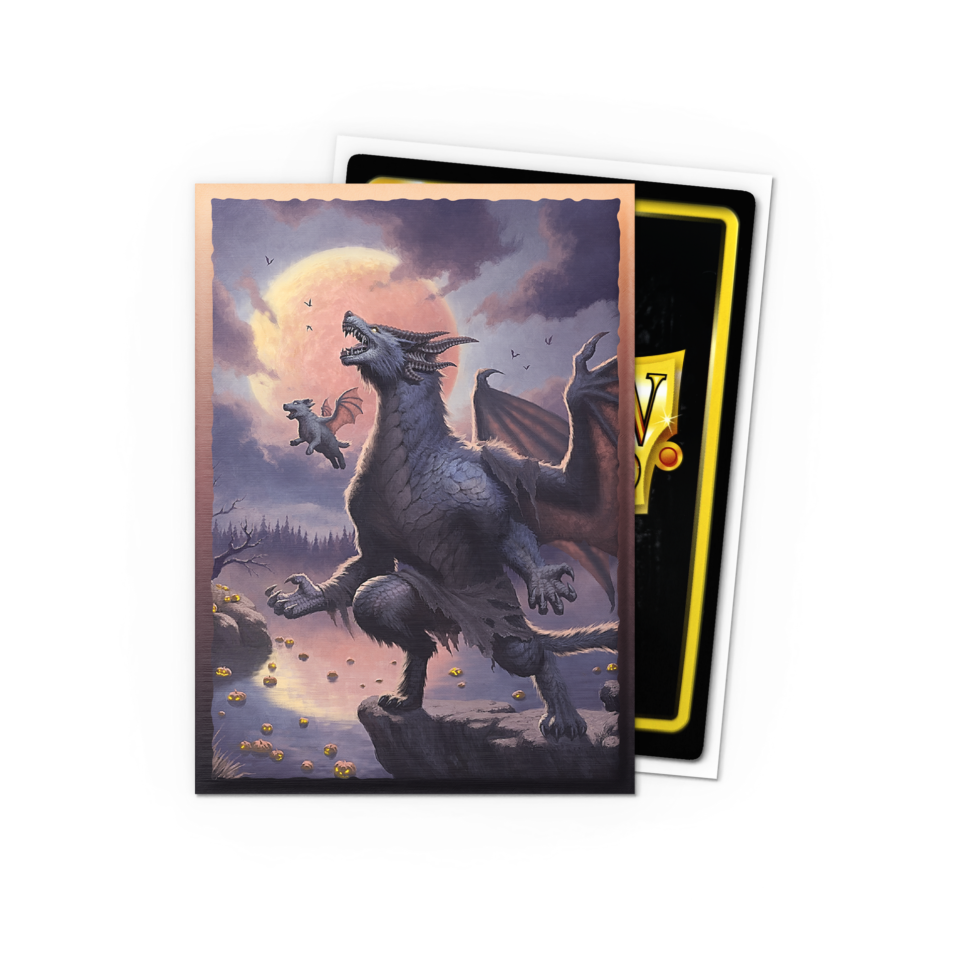 A Halloween-themed Dragon Shield Japanese Brushed Art Sleeve featuring a dragon and a baby dragon under a full moon with jack-o'-lanterns. Brand: Dragon Shield (Dev), Item: Halloween 2023 - Brushed Art Sleeves