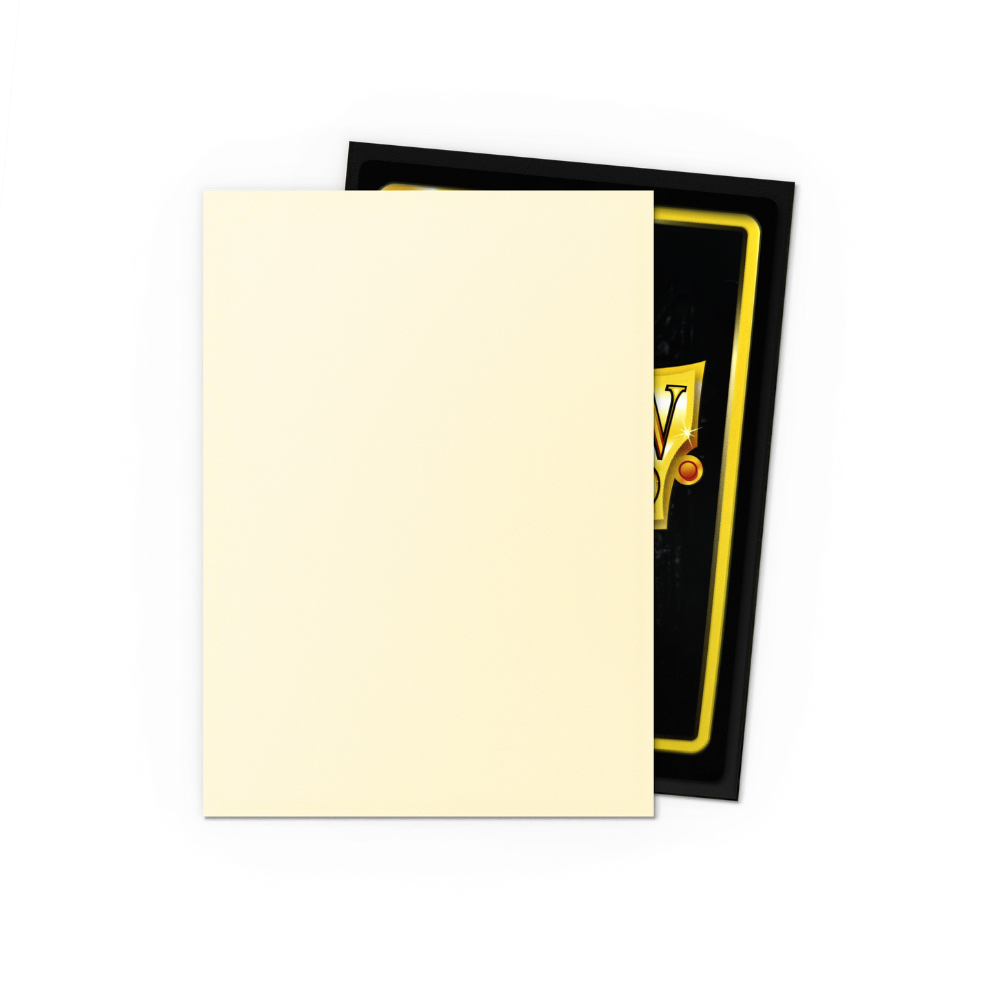 A cream-colored card sleeve partially covering a black Dragon Shield Valor card sleeve with gold trim. Brand: Dragon Shield (Dev), Item: Valor - Matte Dual Sleeves (Japanese).