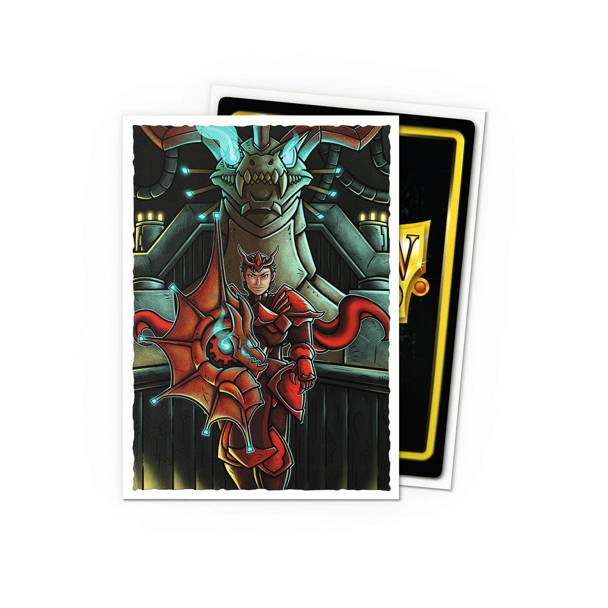 A red and blue dragon-themed warrior in armor holding a shield. Brand: Emperor Scion, Item: Emperor Scion Portrait - Matte Art Sleeves.