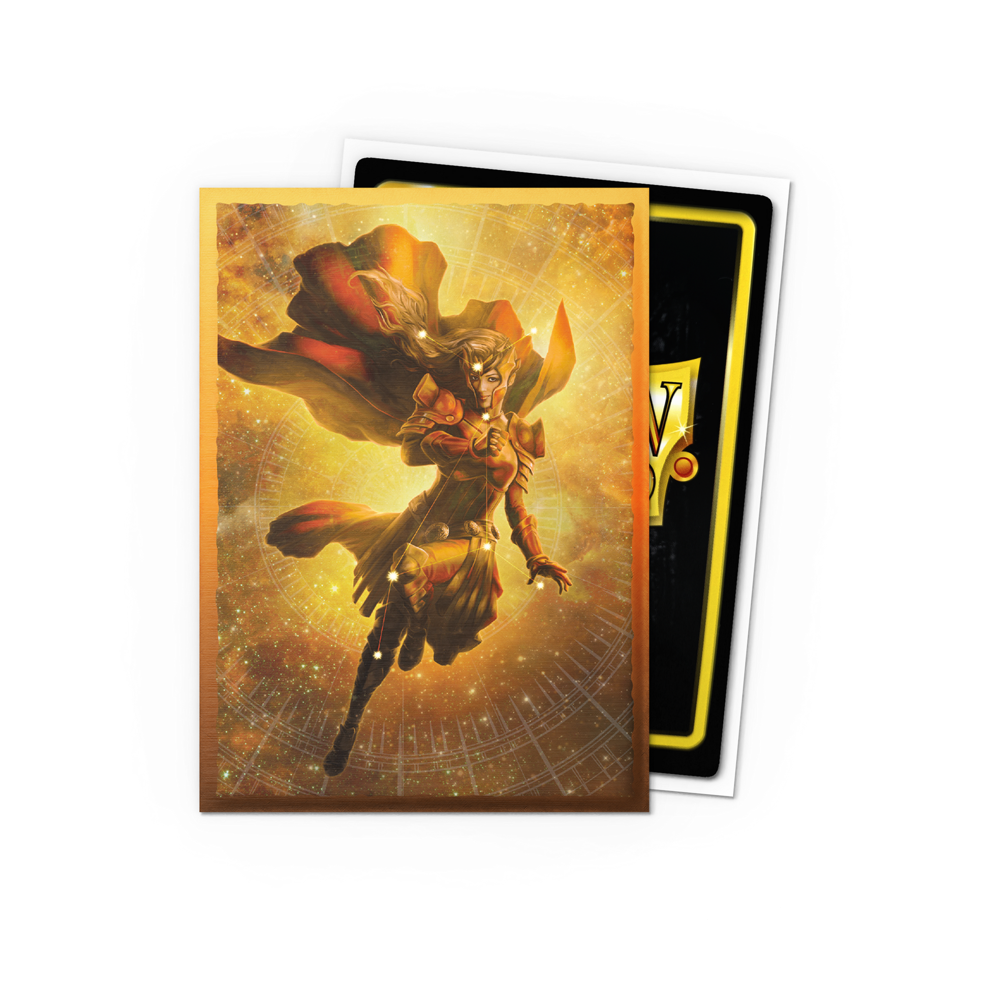 A golden brushed art card sleeve featuring Alaria from Constellations. Brand: Unknown, Item: Alaria - Constellations - Brushed Art Sleeves.