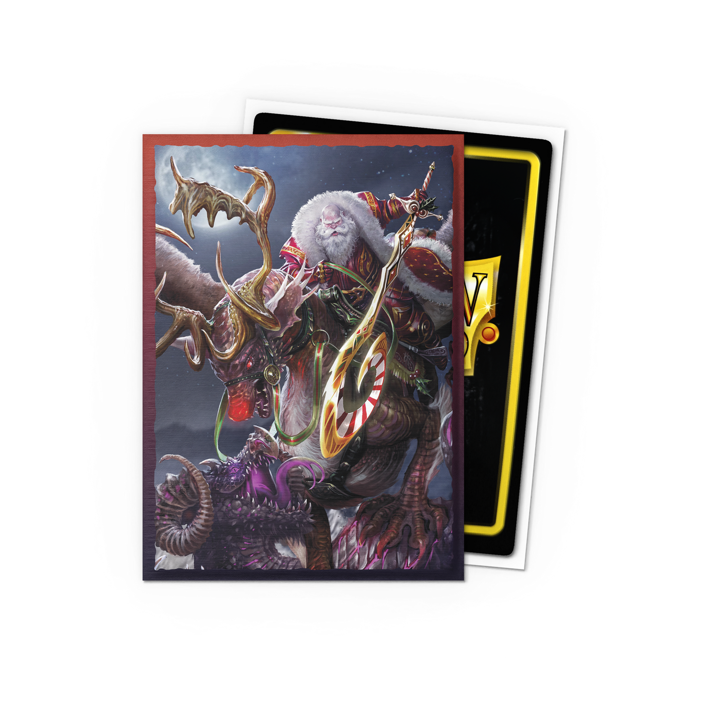 A brushed art Dragon Shield Japanese size card sleeve featuring a dark fantasy Santa Claus riding a dragon-like creature, with a candy cane sword. Brand: Dragon Shield (Dev), Item: Christmas 2022 - Brushed Art Sleeves