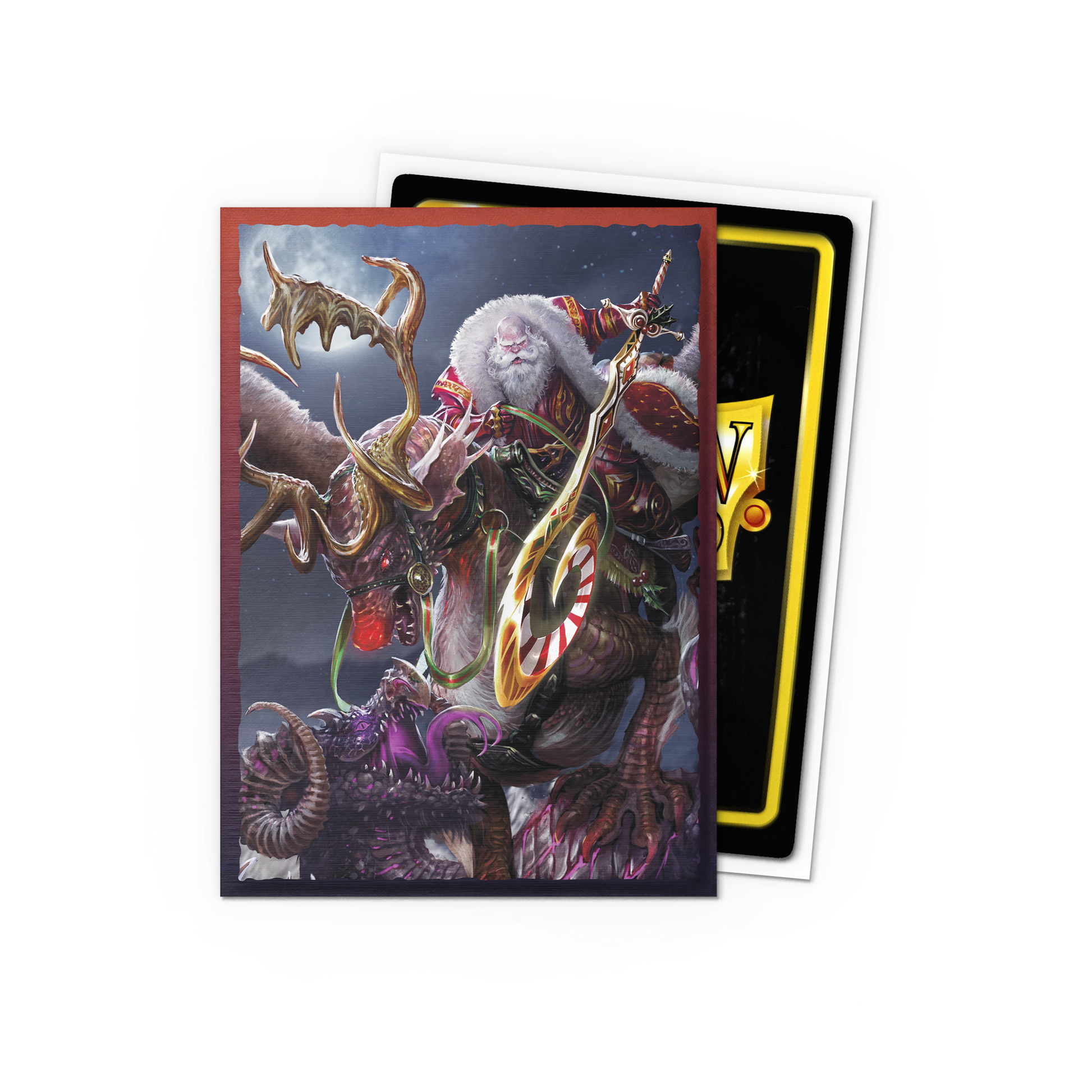 A brushed art Dragon Shield Japanese size card sleeve featuring a dark fantasy Santa Claus riding a dragon-like creature, with a candy cane sword. Brand: Dragon Shield (Dev), Item: Christmas 2022 - Brushed Art Sleeves