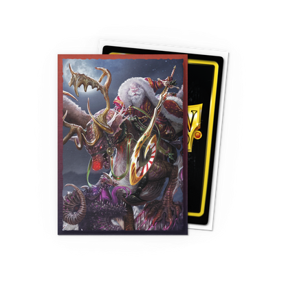 A brushed art Dragon Shield Japanese size card sleeve featuring a dark fantasy Santa Claus riding a dragon-like creature, with a candy cane sword. Brand: Dragon Shield (Dev), Item: Christmas 2022 - Brushed Art Sleeves