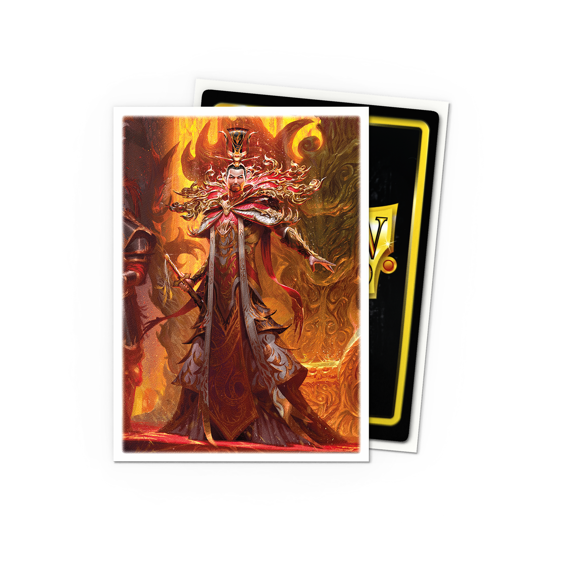 A matte art card sleeve featuring an emperor in fiery armor. Brand: Unknown, Item: Emperor - Matte Art Sleeves.