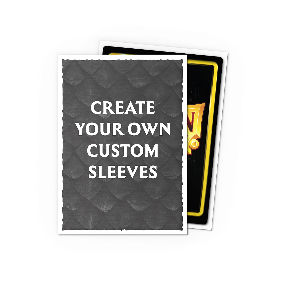 A grey brushed texture card sleeve with "CREATE YOUR OWN CUSTOM SLEEVES" text. Brand: Dragon Shield (Dev), Item: Custom Sleeves - Brushed