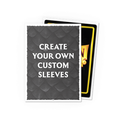 A grey brushed texture card sleeve with "CREATE YOUR OWN CUSTOM SLEEVES" text. Brand: Dragon Shield (Dev), Item: Custom Sleeves - Brushed